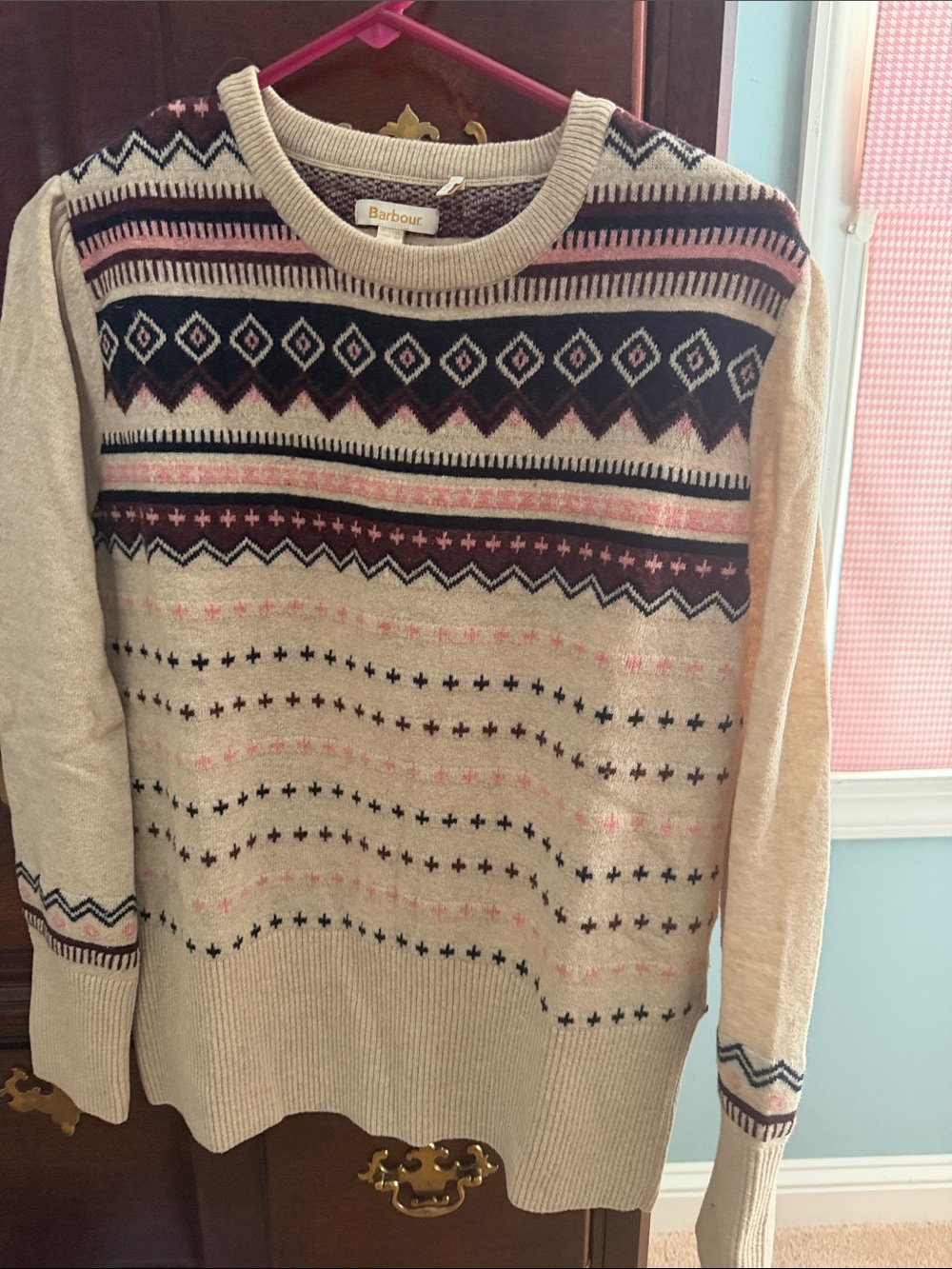 Barbour Cream, Pink & Navy Fair Isle Crewneck Sweater
